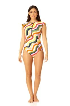 Anne Cole - Women's Flutter Sleeve Zip Up Rash Guard One Piece Swimsuit(Anne Cole Womens Flutter Sleeve Zip Up Rash Guard One Piece Swimsuit 5) -ANNE COLE Shop 23MO07922 MULT 488 3