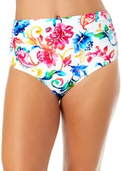Women's Watercolor Paisley Fold Over High Waist Shirred Bikini Swim Bottoms(Womens Watercolor Paisley Fold Over High Waist Shirred Bikini Swim Bottoms)
