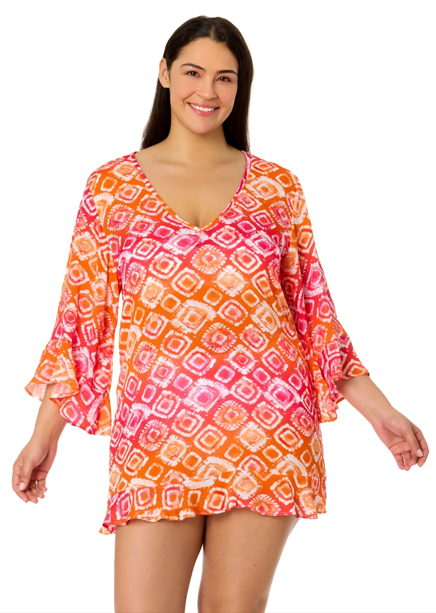 Women's Plus Tie Dye Foulard Flounce V Neck Tunic Swimsuit Cover Up(Womens Plus Tie Dye Foulard Flounce V Neck Tunic Swimsuit Cover Up) 3 Women's Plus Tie Dye Foulard Flounce V Neck Tunic Swimsuit Cover Up(Womens Plus Tie Dye Foulard Flounce V Neck Tunic Swimsuit Cover Up)