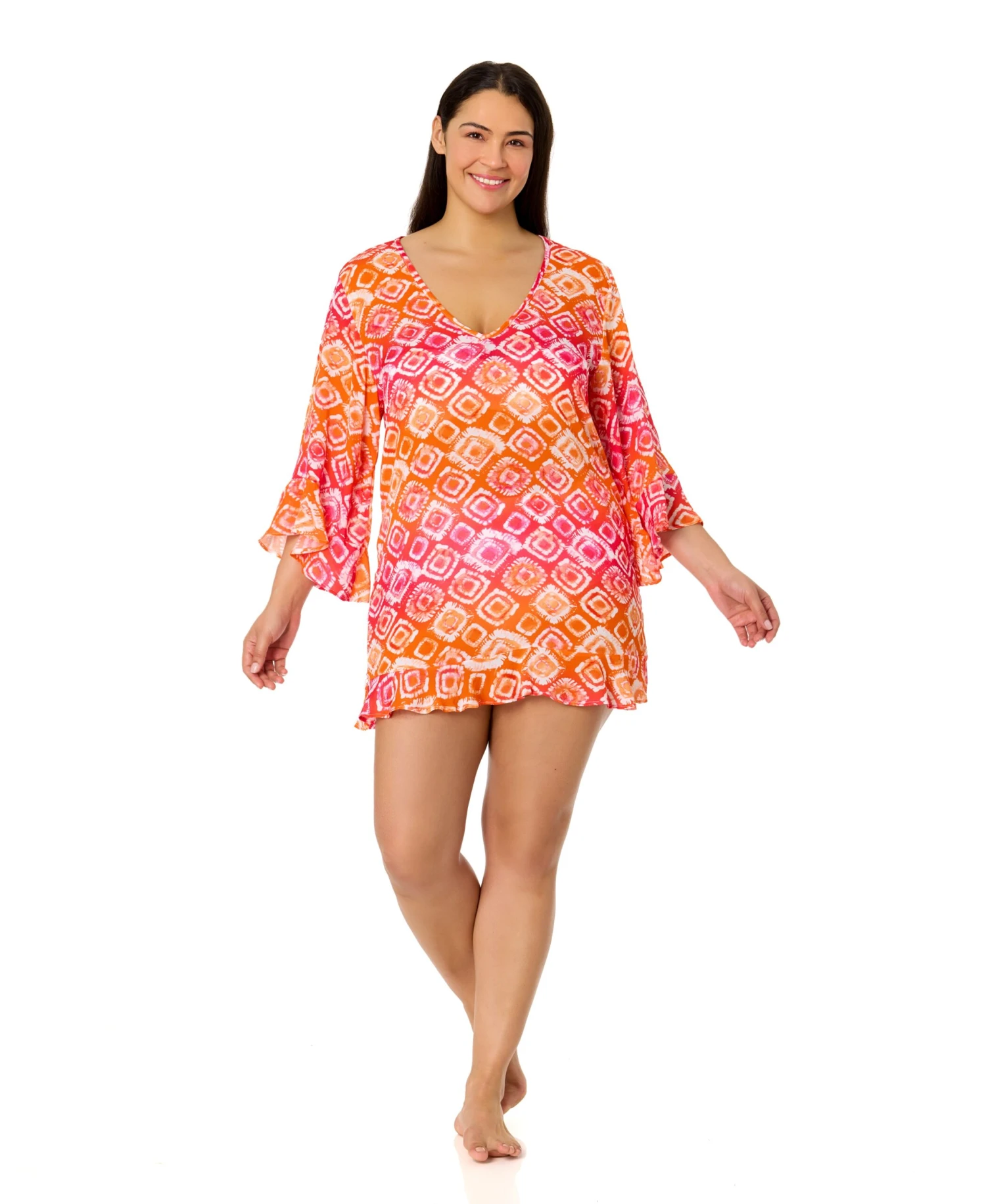 Women's Plus Tie Dye Foulard Flounce V Neck Tunic Swimsuit Cover Up(Womens Plus Tie Dye Foulard Flounce V Neck Tunic Swimsuit Cover Up) 5 Women's Plus Tie Dye Foulard Flounce V Neck Tunic Swimsuit Cover Up(Womens Plus Tie Dye Foulard Flounce V Neck Tunic Swimsuit Cover Up) - Image 3