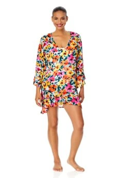 Women's Gradient Floral Flounce V Neck Tunic Swimsuit Cover Up(Womens Gradient Floral Flounce V Neck Tunic Swimsuit Cover Up) -ANNE COLE Shop 25MC51013 MULT 215