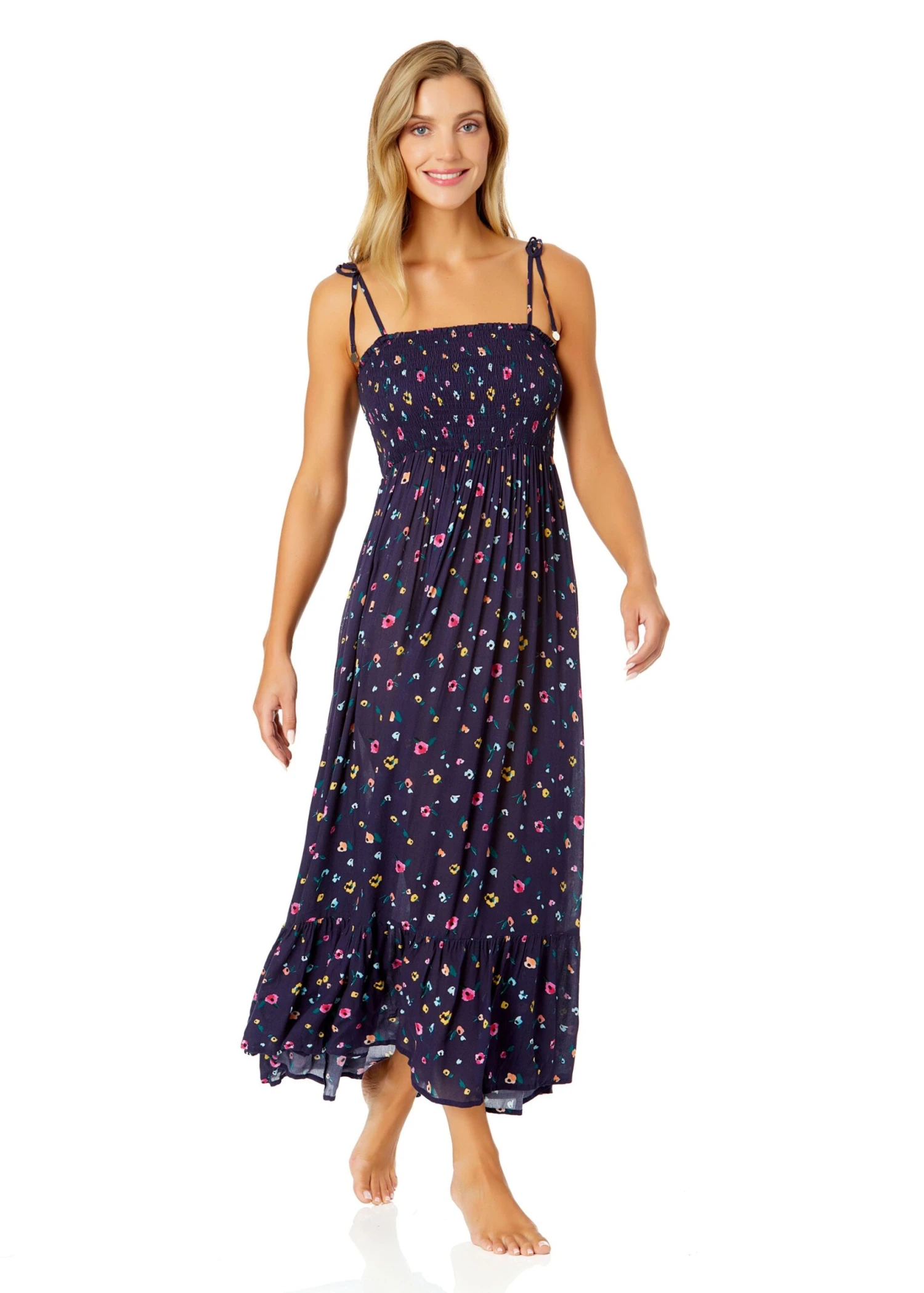 Women's Gradient Floral Smocked Shoulder Tie Dress Cover Up(Womens Gradient Floral Smocked Shoulder Tie Dress Cover Up) 7 Women's Gradient Floral Smocked Shoulder Tie Dress Cover Up(Womens Gradient Floral Smocked Shoulder Tie Dress Cover Up) - Image 5