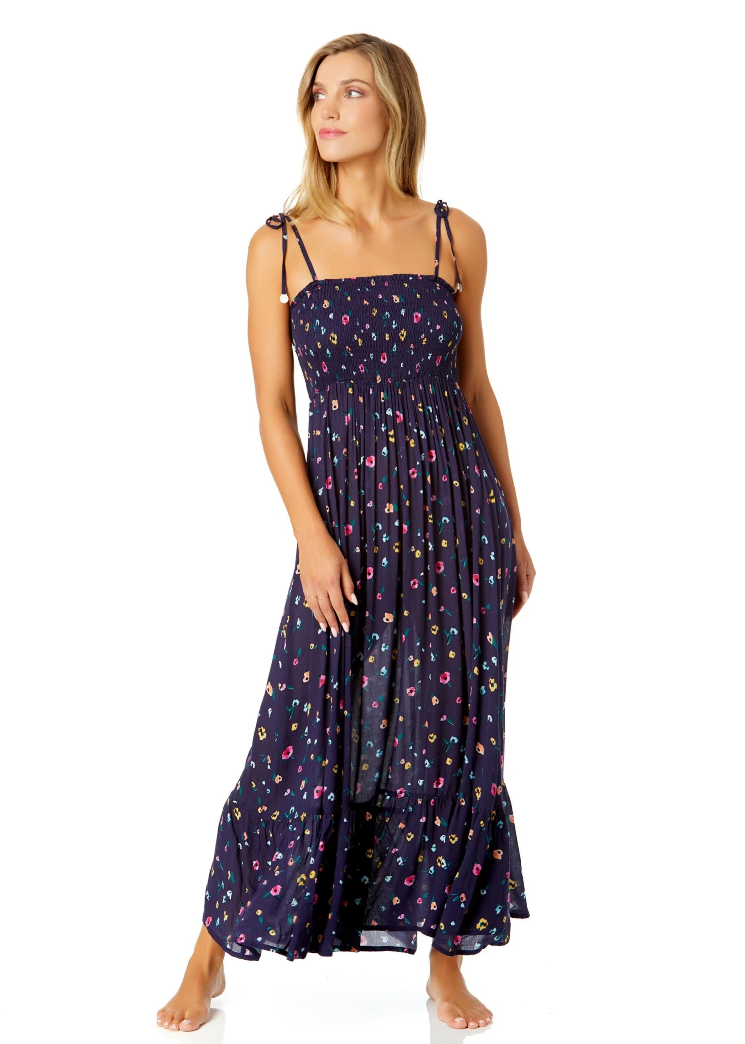 Women's Gradient Floral Smocked Shoulder Tie Dress Cover Up(Womens Gradient Floral Smocked Shoulder Tie Dress Cover Up) 6 Women's Gradient Floral Smocked Shoulder Tie Dress Cover Up(Womens Gradient Floral Smocked Shoulder Tie Dress Cover Up) - Image 4