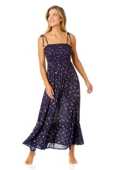 Women's Gradient Floral Smocked Shoulder Tie Dress Cover Up(Womens Gradient Floral Smocked Shoulder Tie Dress Cover Up)