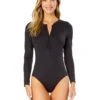 Women's Live In Color Long Sleeve Front Zip Rash Guard Swimsuit(Womens Live In Color Long Sleeve Front Zip Rash Guard Swimsuit) -ANNE COLE Shop 25MO03001 BLK NoireBlack 429 FRONT