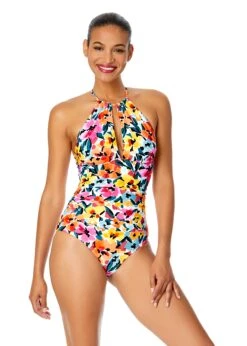Women's Gradient Floral High Neck With Ruffled Straps One Piece Swimsuit(Womens Gradient Floral High Neck With Ruffled Straps One Piece Swimsuit)