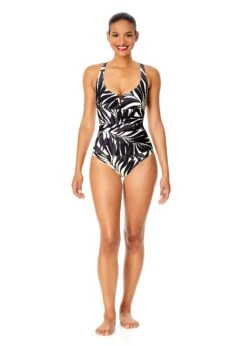 Women's Palm Chic V-Wire One Piece Swimsuit(Womens Palm Chic V Wire One Piece Swimsuit) -ANNE COLE Shop 25MO07045 BKWH 2497