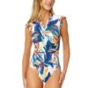 Women's Riviera Floral Flutter Sleeve Zip Up Rash Guard One Piece Swimsuit(Womens Riviera Floral Flutter Sleeve Zip Up Rash Guard One Piece Swimsuit) -ANNE COLE Shop 25MO07915 MULT 700 FRONT
