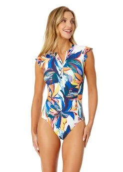 Women's Riviera Floral Flutter Sleeve Zip Up Rash Guard One Piece Swimsuit(Womens Riviera Floral Flutter Sleeve Zip Up Rash Guard One Piece Swimsuit)