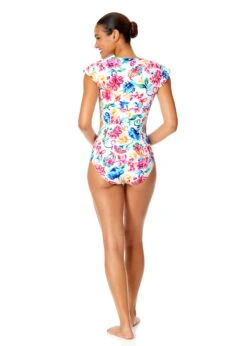 Women's Watercolor Paisley Flutter Sleeve Zip Up Rash Guard One Piece Swimsuit(Womens Watercolor Paisley Flutter Sleeve Zip Up Rash Guard One Piece Swimsuit) -ANNE COLE Shop 25MO07970 MULT 1602