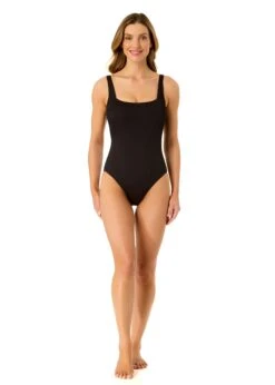 Women's Live In Color Textured Classic Square Neck One Piece Swimsuit(Womens Live In Color Textured Classic Square Neck One Piece Swimsuit) -ANNE COLE Shop 25MO10001 BLK 058