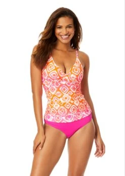 Women's Tie Dye Foulard Hidden Underwire Drape Front Tankini Swim Top(Womens Tie Dye Foulard Hidden Underwire Drape Front Tankini Swim Top)