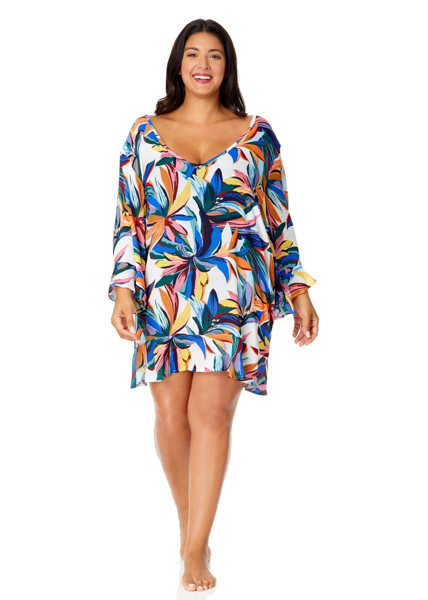 Women's Plus Riviera Floral Flounce V Neck Tunic Swimsuit Cover Up(Womens Plus Riviera Floral Flounce V Neck Tunic Swimsuit Cover Up) 5 Women's Plus Riviera Floral Flounce V Neck Tunic Swimsuit Cover Up(Womens Plus Riviera Floral Flounce V Neck Tunic Swimsuit Cover Up) - Image 3