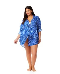 Women's Plus Denim Dot Button Down Shirt Swimsuit Cover Up(Womens Plus Denim Dot Button Down Shirt Swimsuit Cover Up) -ANNE COLE Shop 25PC53012 DEPR 1580