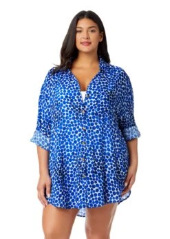 Women's Plus Denim Dot Button Down Shirt Swimsuit Cover Up(Womens Plus Denim Dot Button Down Shirt Swimsuit Cover Up)
