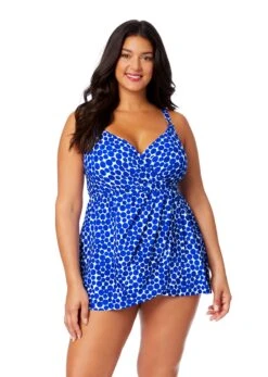 Women's Plus Denim Dot Swim Dress With Skirted Bottom(Womens Plus Denim Dot Swim Dress With Skirted Bottom)