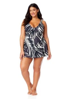 Women's Plus Palm Chic Surplice Twist Skirted Swimdress(Womens Plus Palm Chic Surplice Twist Skirted Swimdress) -ANNE COLE Shop 25PD61845 BKWH 845