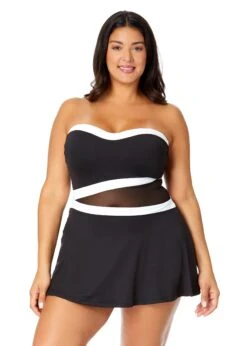 Women's Plus Mesh Around Paneled Strapless Mesh Swim Dress(Womens Plus Mesh Around Paneled Strapless Mesh Swim Dress)
