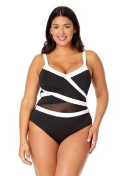 Women's Plus Mesh Around Mesh Insert One Piece Swimsuit(Womens Plus Mesh Around Mesh Insert One Piece Swimsuit)