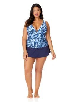 Women's Plus Tie Dye Ikat Ring Plunge Tankini Swim Top(Womens Plus Tie Dye Ikat Ring Plunge Tankini Swim Top) -ANNE COLE Shop 25PT26368 BLWH MYPB41401 NAVY 2965