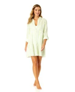 Women's Button Front Long Sleeve Tiered Dress Cover Up(Womens Button Front Long Sleeve Tiered Dress Cover Up) -ANNE COLE Shop CU15865 ISLANDSTRIPELIME 1464