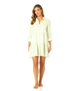 Women's Button Front Long Sleeve Tiered Dress Cover Up(Womens Button Front Long Sleeve Tiered Dress Cover Up) -ANNE COLE Shop CU15865 ISLANDSTRIPELIME 1559