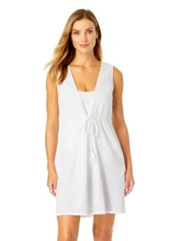 Women's V Neck Dress With Drawstring Waist Detail Cover Up(Womens V Neck Dress With Drawstring Waist Detail Cover Up) -ANNE COLE Shop CU181705 BRIGHT WHITE 1242 FRONT