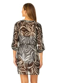 Women's V Neck Roll Tab Sleeve Pocket Dress Cover Up(Womens V Neck Roll Tab Sleeve Pocket Dress Cover Up) 12 Women's V Neck Roll Tab Sleeve Pocket Dress Cover Up(Womens V Neck Roll Tab Sleeve Pocket Dress Cover Up) -ANNE COLE Shop CU2955 MONO FLORAL 1419 BACK