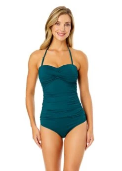 Women's Live In Color Twist Front Bandeaukini Swim Top(Womens Live In Color Twist Front Bandeaukini Swim Top 11) -ANNE COLE Shop MYMT25001 HUNTR HunterGreen MYMB36001 HUNTR 1871 FRONT