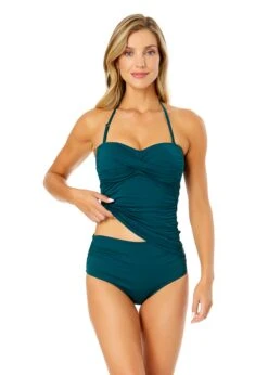 Women's Live In Color Twist Front Bandeaukini Swim Top(Womens Live In Color Twist Front Bandeaukini Swim Top 11) -ANNE COLE Shop MYMT25001 HUNTR HunterGreen MYMB36001 HUNTR 1876 FRONT
