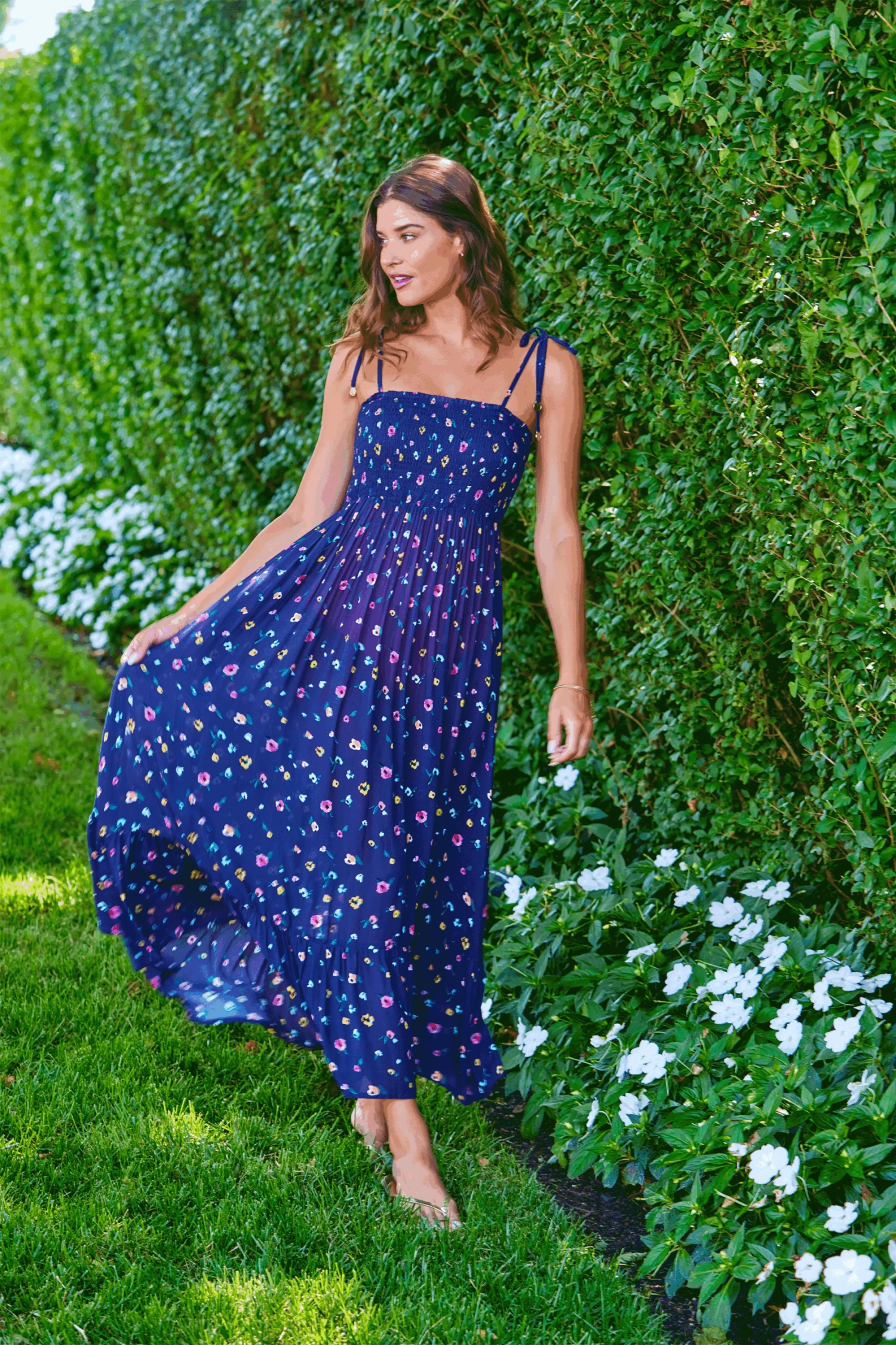 Women's Gradient Floral Smocked Shoulder Tie Dress Cover Up(Womens Gradient Floral Smocked Shoulder Tie Dress Cover Up) 5 Women's Gradient Floral Smocked Shoulder Tie Dress Cover Up(Womens Gradient Floral Smocked Shoulder Tie Dress Cover Up) - Image 3